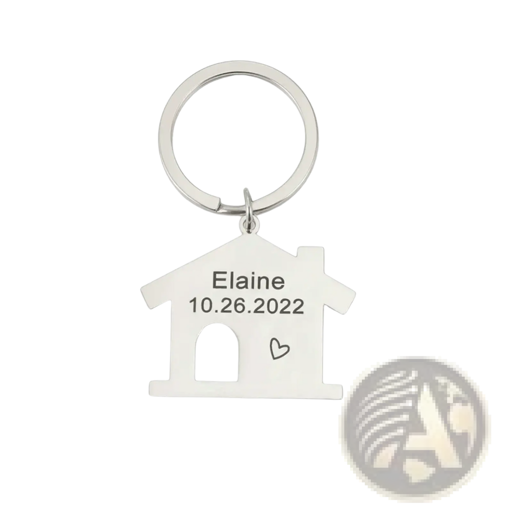 Silver personalized house-shaped keychain with engraved name date and small heart design custom couple gift
