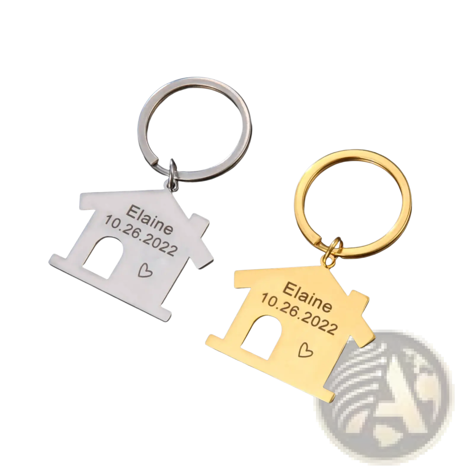 Personalized house keychain couple gift with silver and gold engraved keychains featuring name elaine date 10.26.2022 and heart symbol