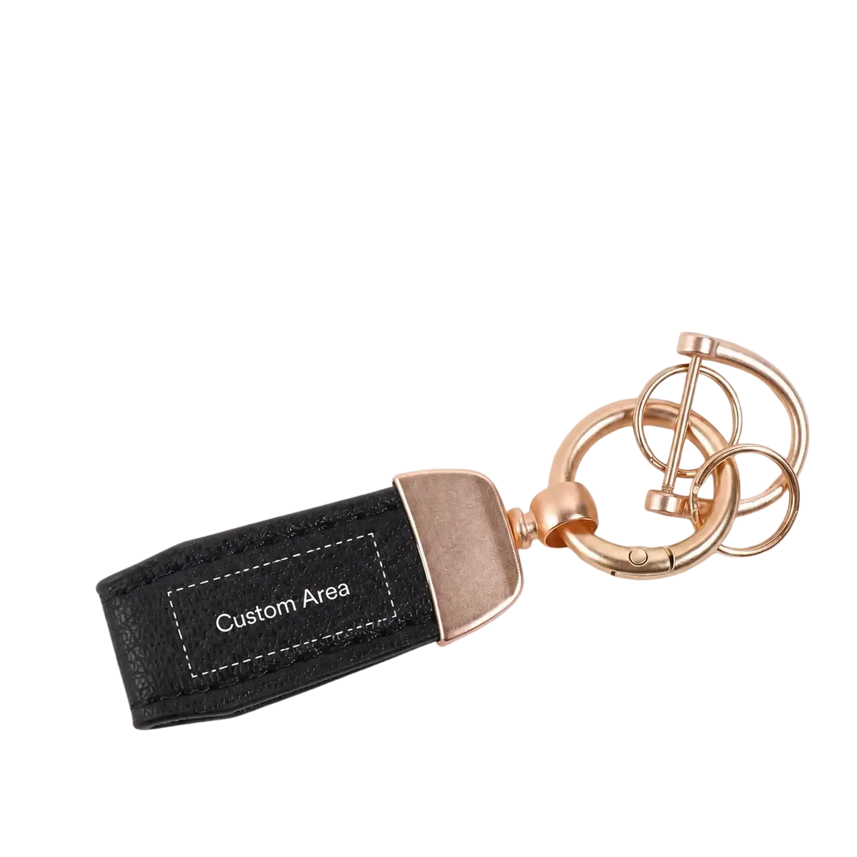 Personalized black leather keychain with rose gold metal accents and a customizable patch for key holding