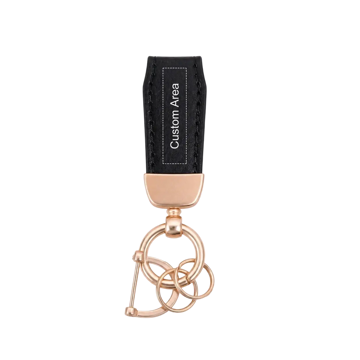 Personalized leather keychain in black with rose gold metal rings and custom engraving area for key holder