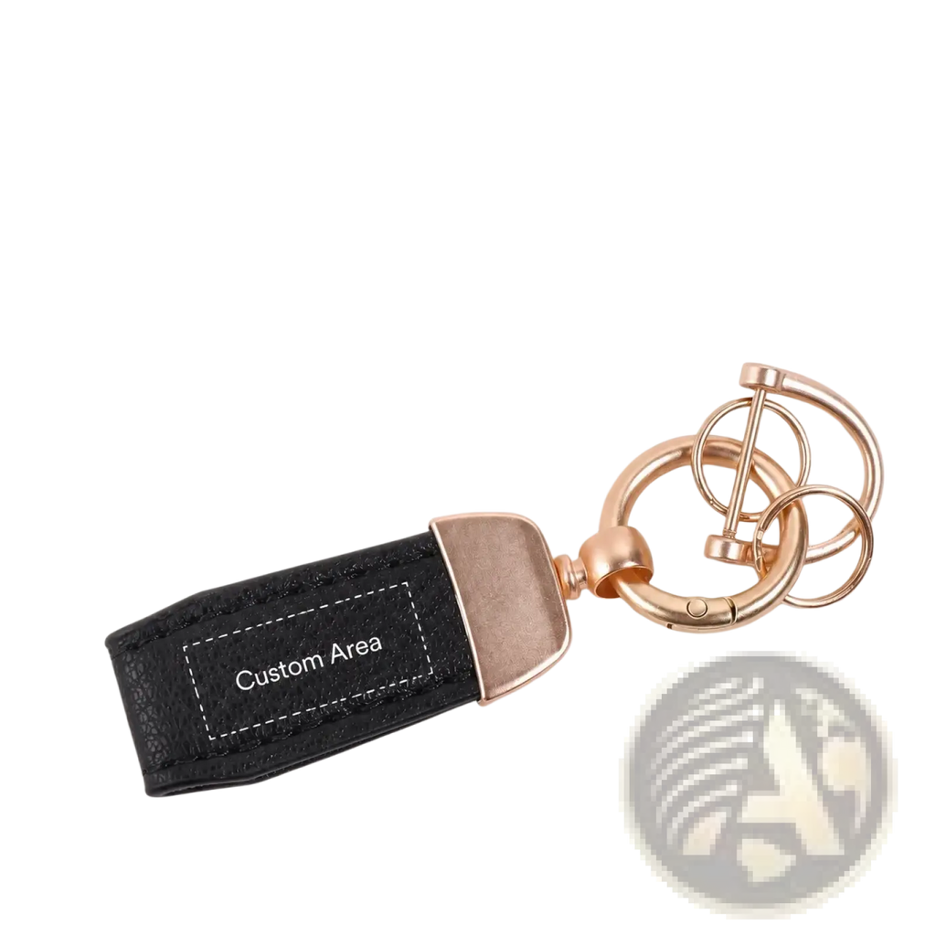 Personalized black leather keychain with rose gold metal accents and a customizable patch for key holding