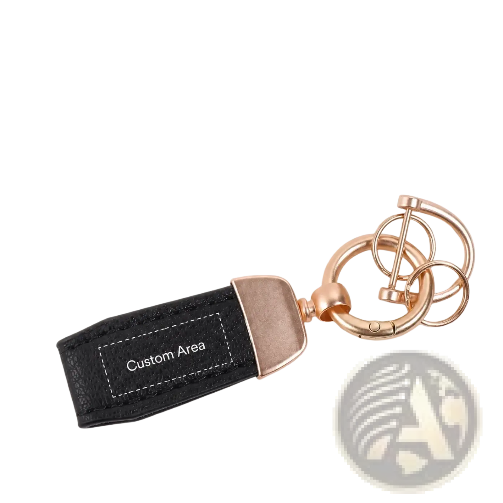 Personalized black leather keychain with rose gold metal accents and a customizable patch for key holding