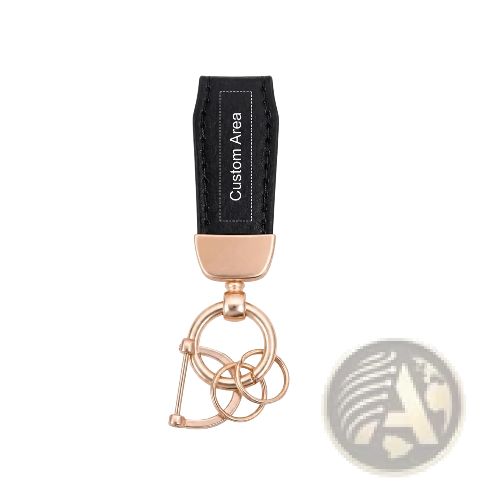 Personalized leather keychain in black with rose gold metal rings and custom engraving area for key holder