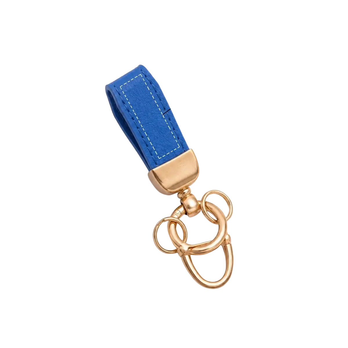 Personalized leather keychain in blue with gold-tone metal rings and custom engraved area for key holder use