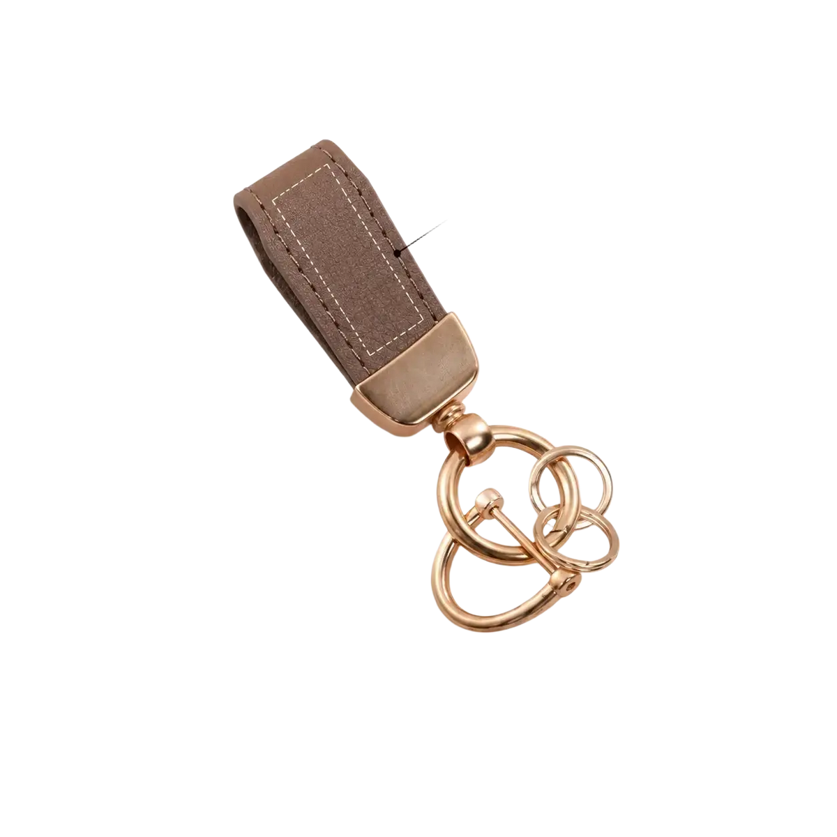 Personalized leather keychain in brown with rose gold metal rings and a custom engraved area for personalization