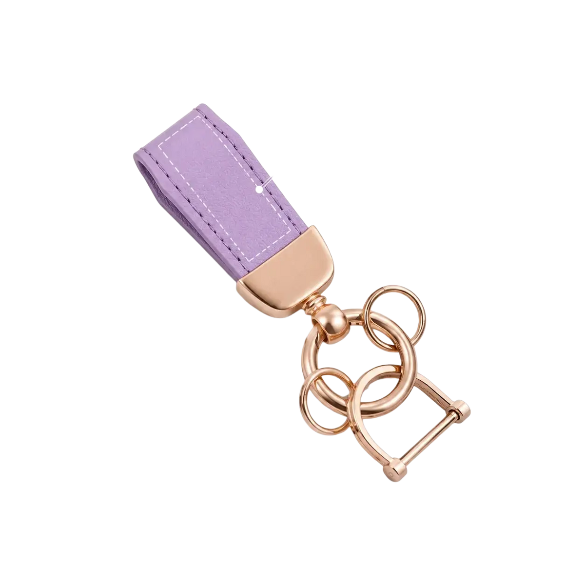 Personalized leather keychain custom engraved key holder in lavender with rose gold hardware and a custom area for personalization