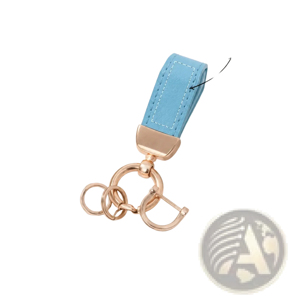 Personalized leather keychain with customizable stitched area light blue leather and rose gold metal hardware