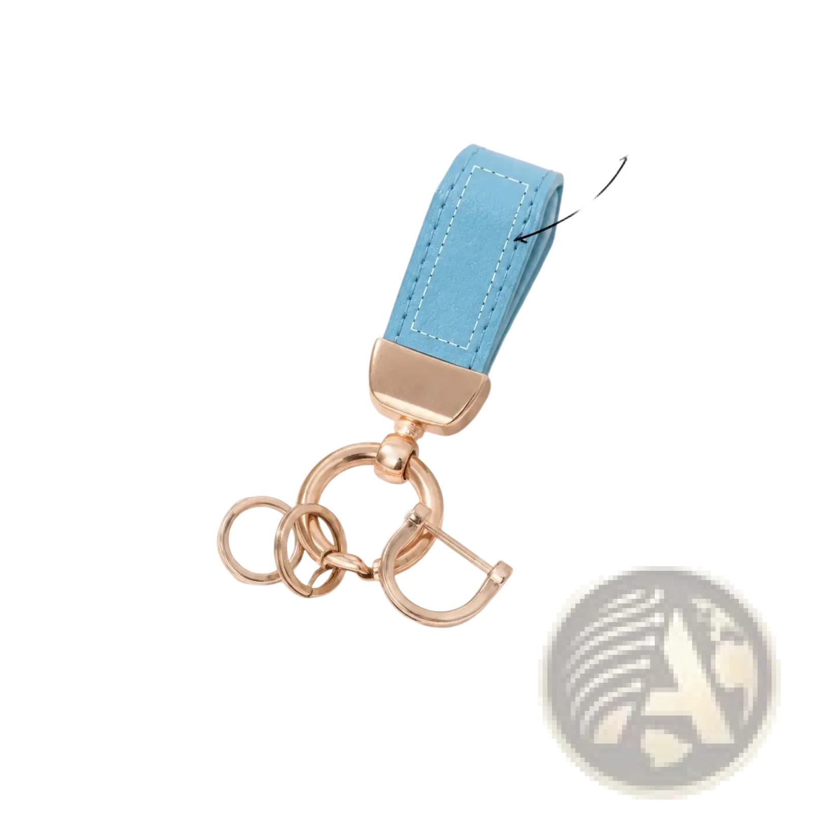 Personalized leather keychain with customizable stitched area light blue leather and rose gold metal hardware