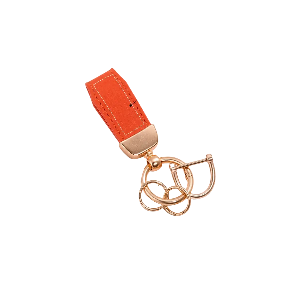 Personalized leather keychain in orange with rose gold metal hardware and custom engraved key holder area