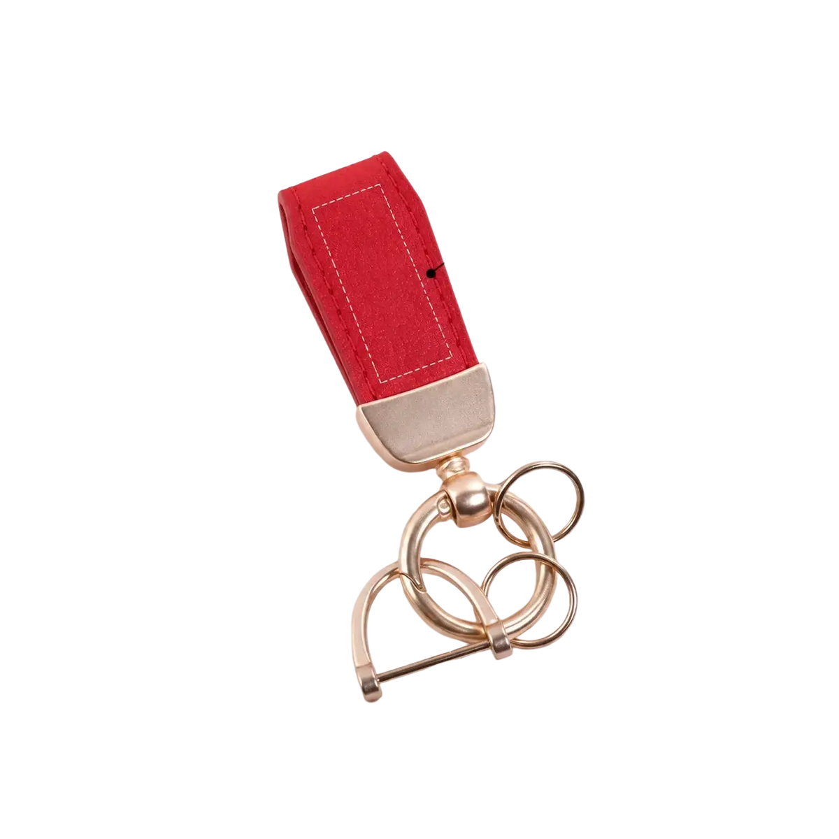 Personalized leather keychain in red with gold-tone rings and custom engraved area for key holder customization