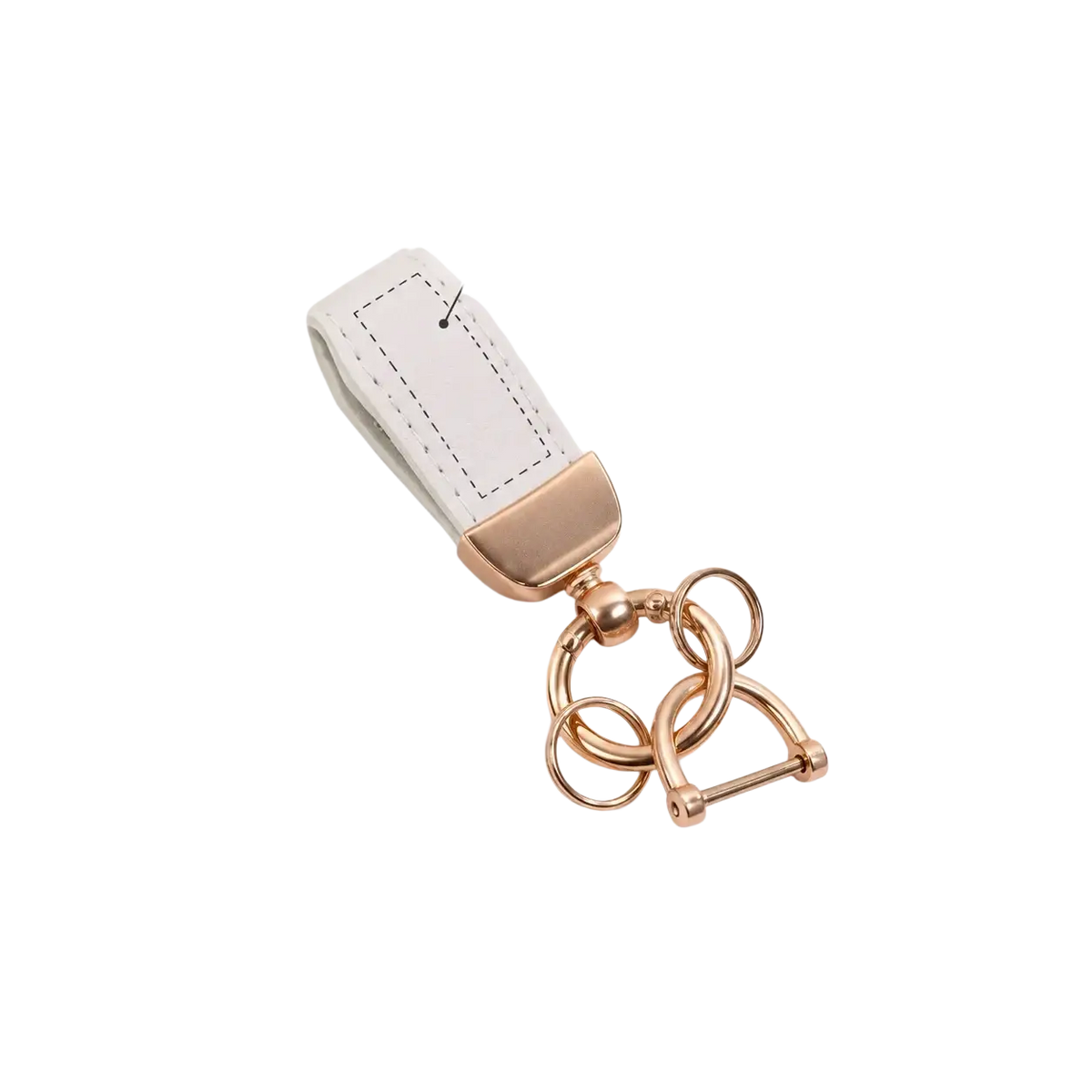 Personalized leather keychain with rose gold horsebit and white leather strap featuring custom engraving area