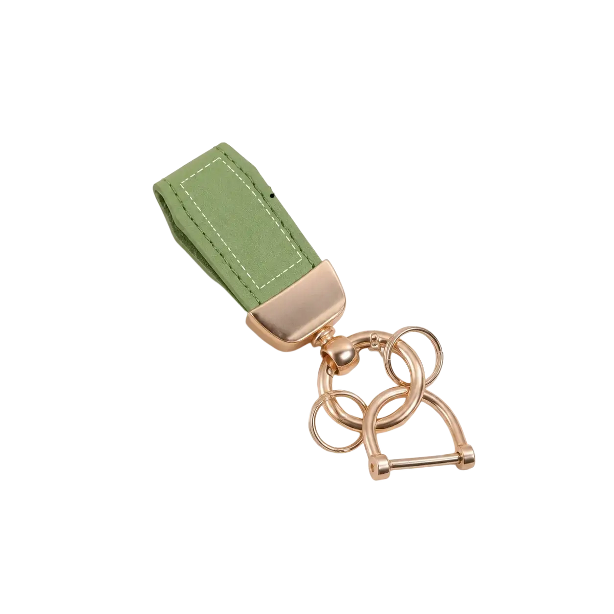 A sleek sage green leather personalized keychain with rose gold clasp and interlocking rings for key holding