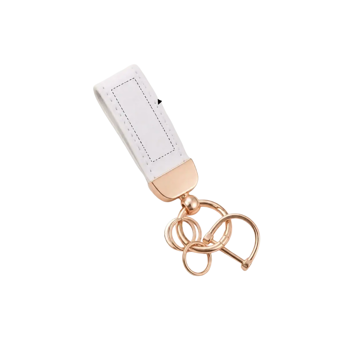 White leather personalized keychain with rose gold metal accents and a customizable rectangular panel