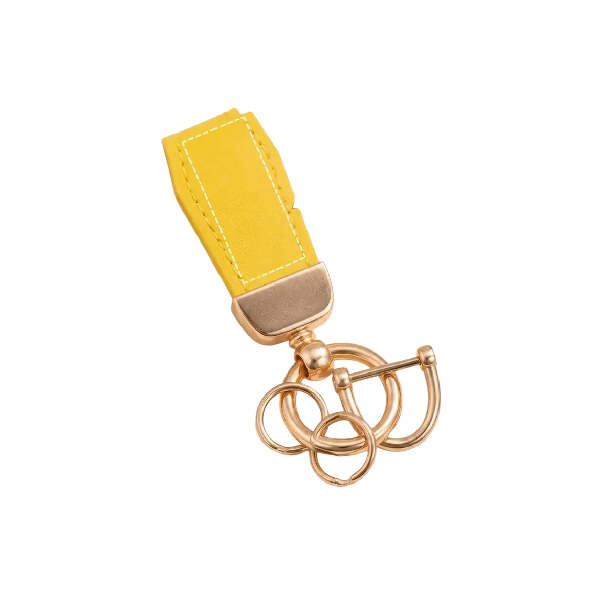 Personalized leather keychain in yellow with gold-tone metal rings and a customizable engraved area