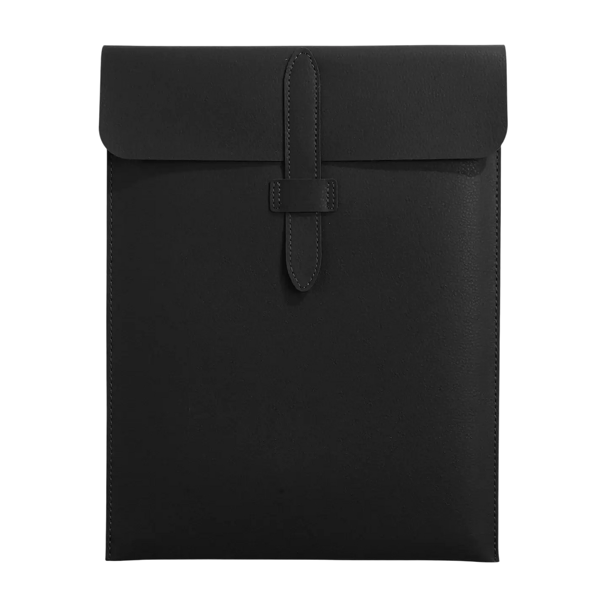 Black leather personalized laptop document bag with minimalist flap closure and stitched detailing for laptops