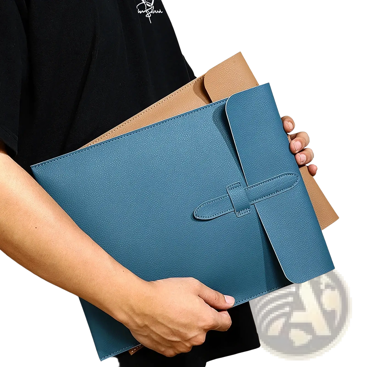 Personalized leather laptop document bag in blue textured leather with flap closure and stitched detailing