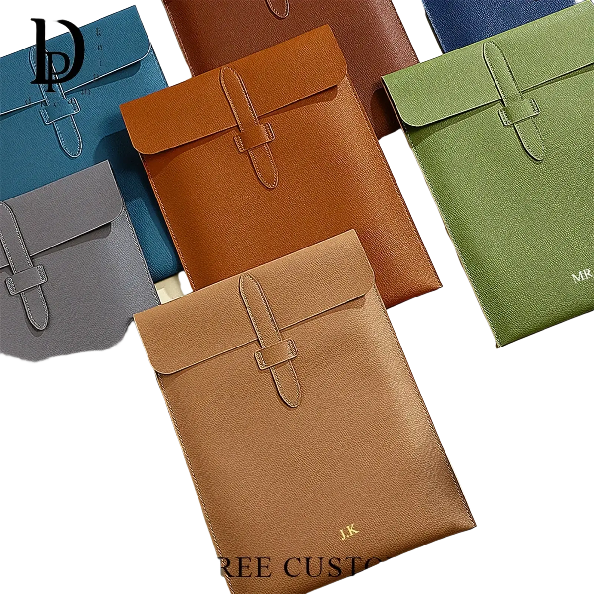 Brown leather personalized laptop document bag with flap closure and gold monogram initials tablet sleeve