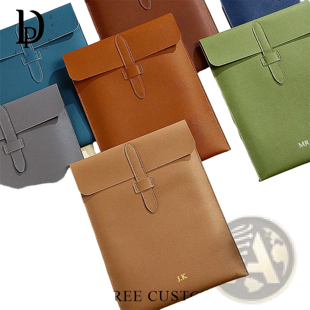 Brown leather personalized laptop document bag with flap closure and gold monogram initials tablet sleeve