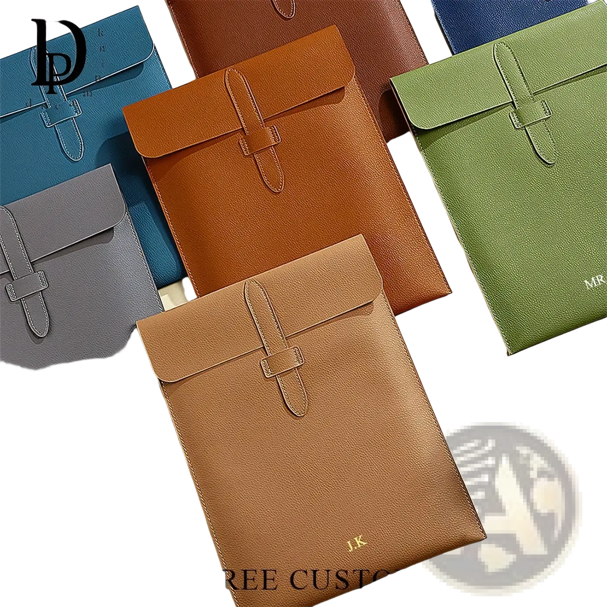 Brown leather personalized laptop document bag with flap closure and gold monogram initials tablet sleeve