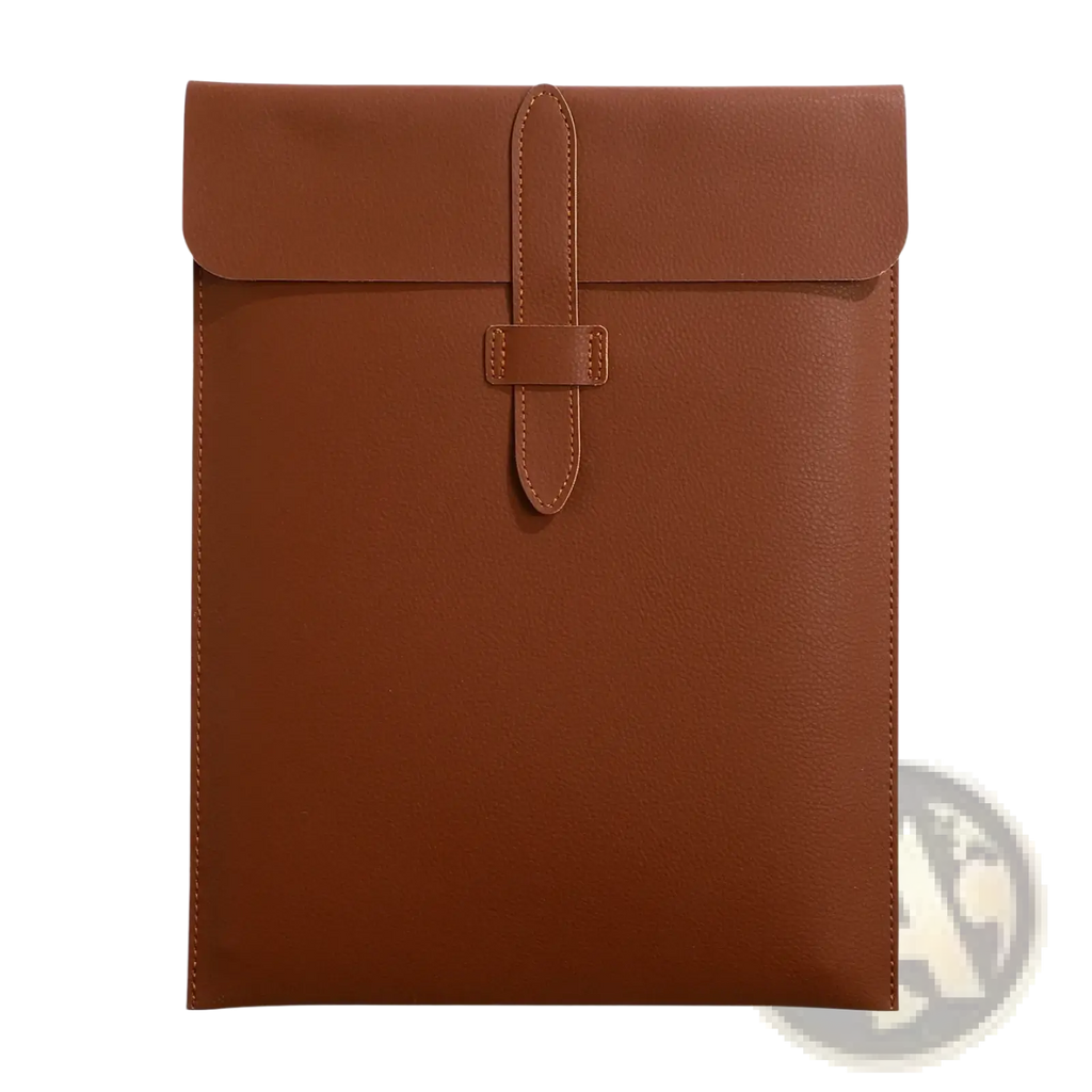 Brown leather personalized laptop document bag with flap closure and stitched detailing for secure storage