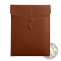Brown leather personalized laptop document bag with flap closure and stitched detailing for secure storage
