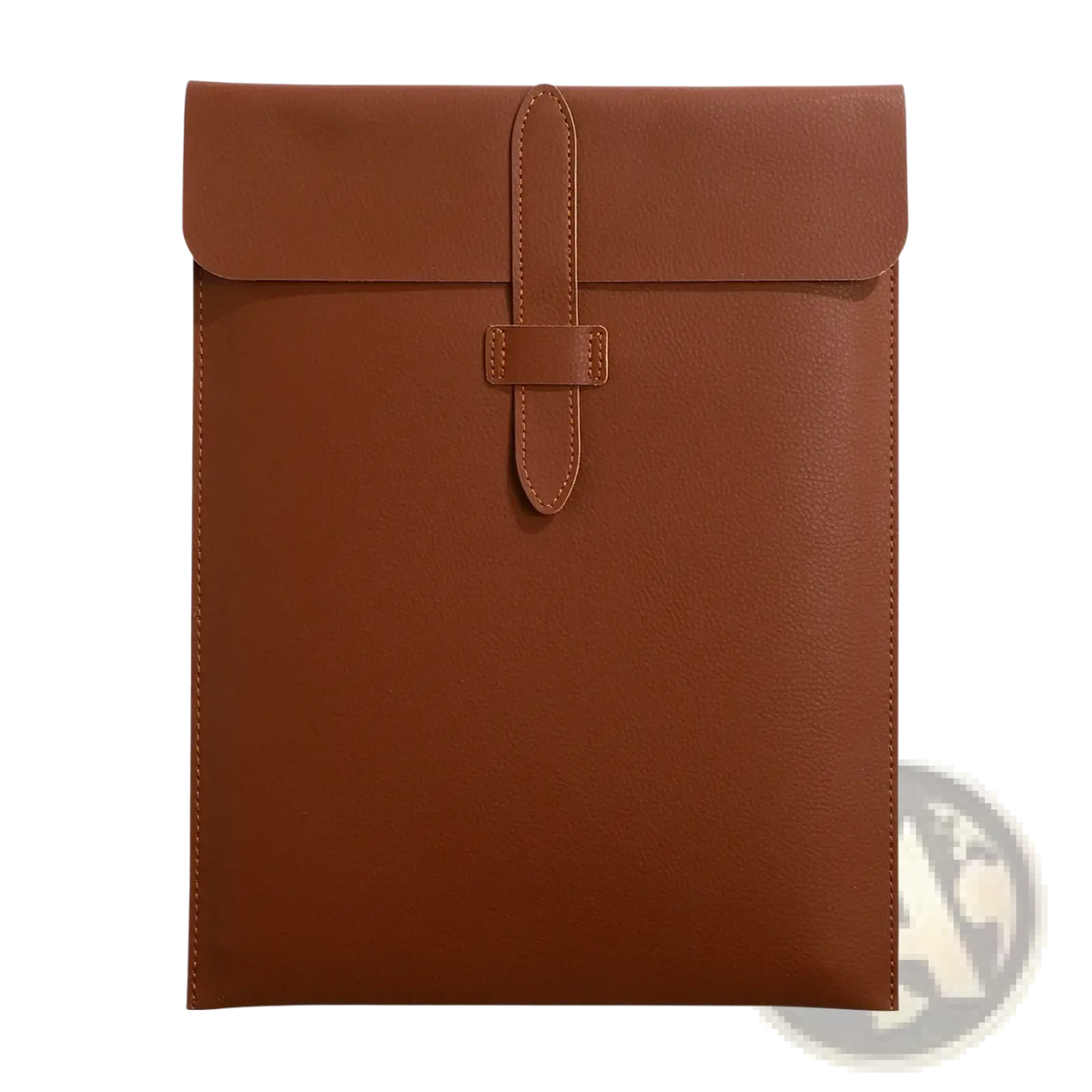 Brown leather personalized laptop document bag with flap closure and stitched detailing for secure storage