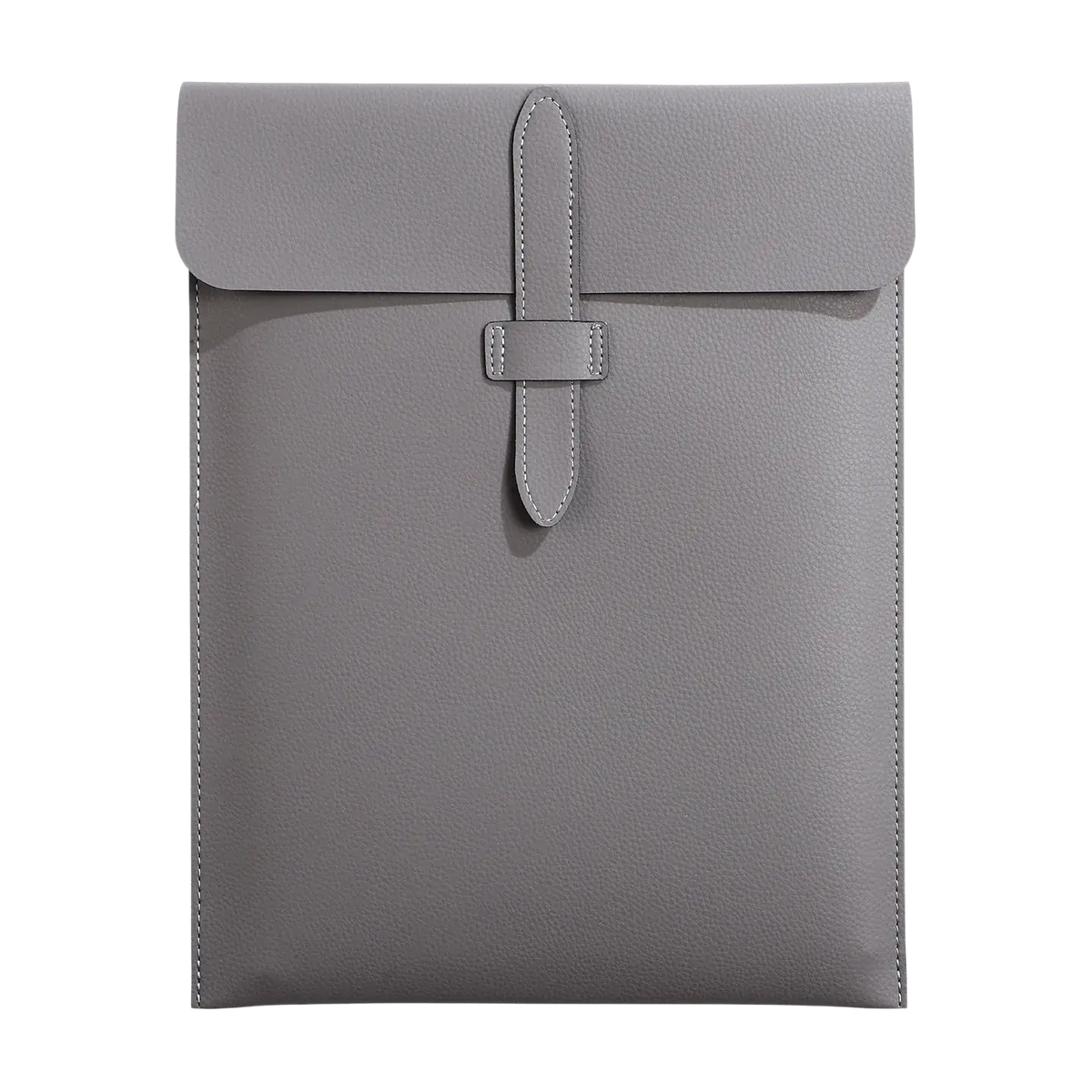 Personalized gray leather laptop document bag with flap closure and matching stitching for secure storage