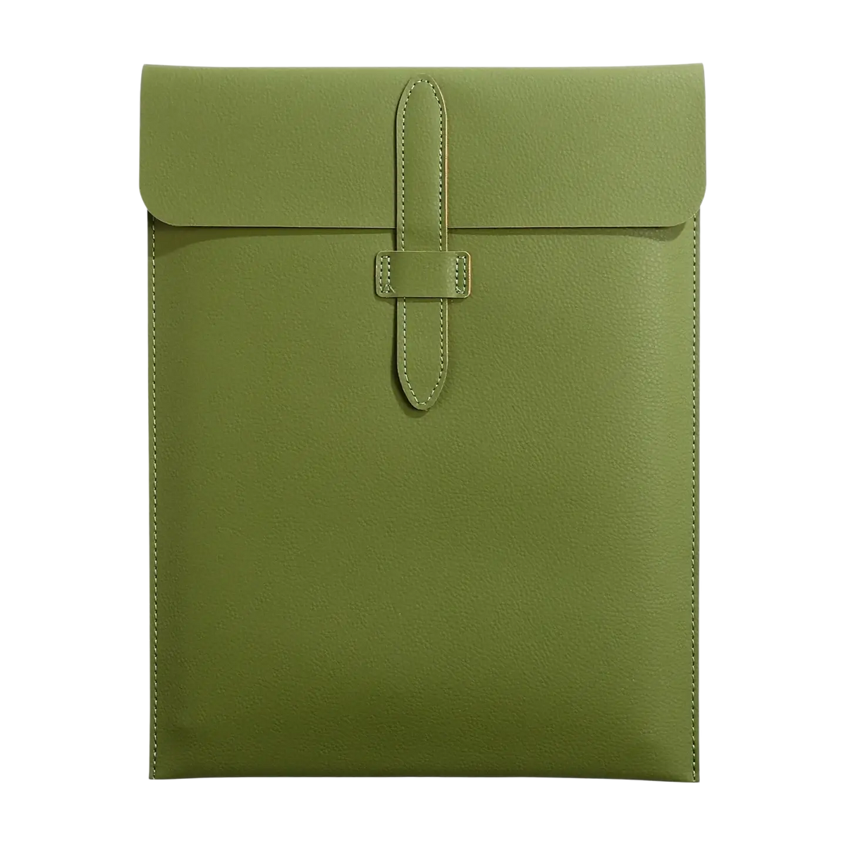 Personalized leather laptop document bag in olive green with flap closure and matching stitching in leather material