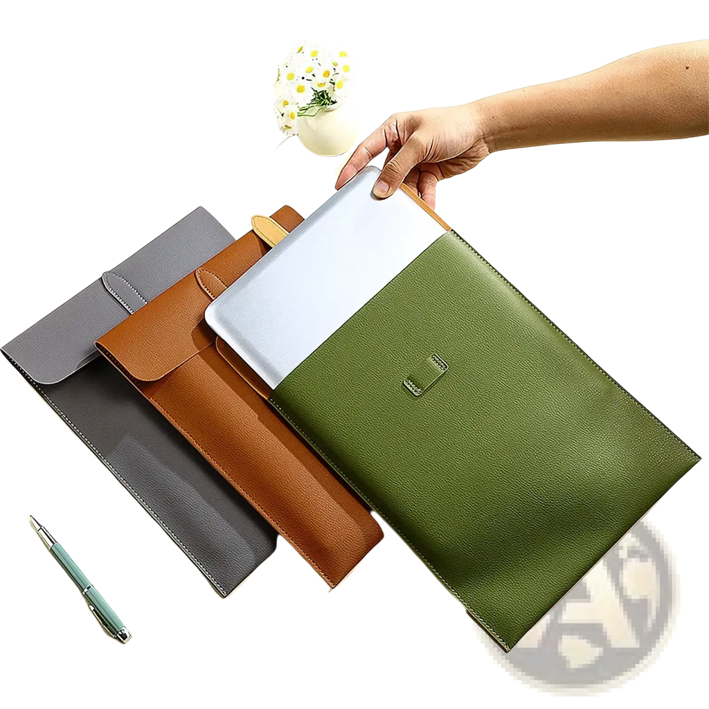 Personalized olive green leather laptop document bag with textured finish flap closure and subtle stitching details