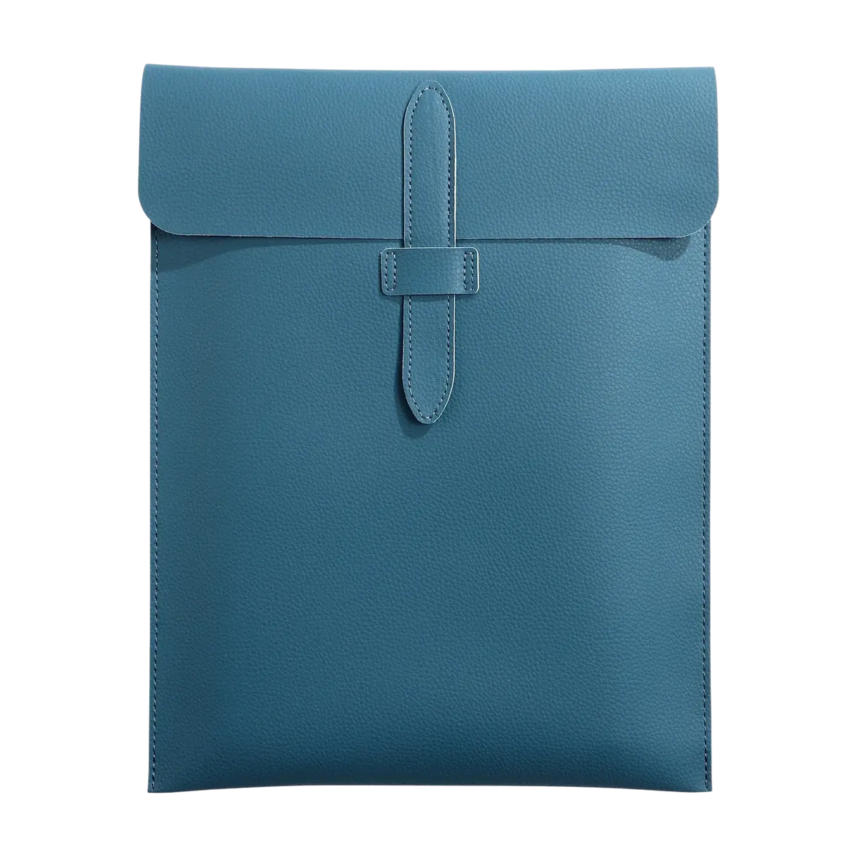 Personalized leather laptop document bag in sleek teal blue leather with minimalist flap closure and precise stitching