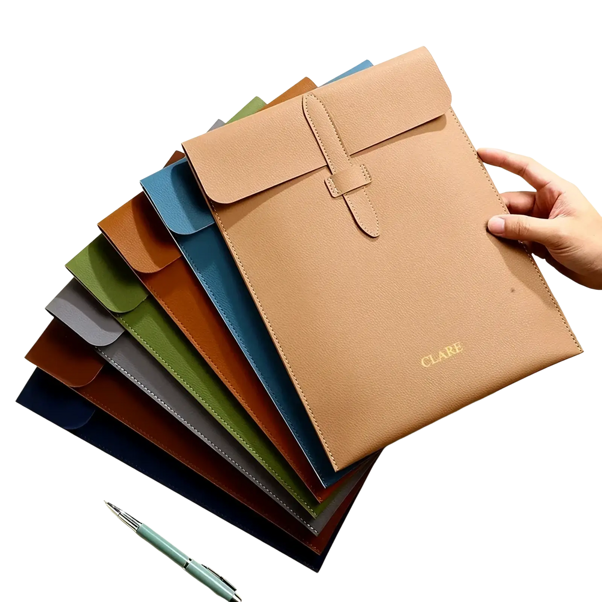 Personalized tan leather laptop document bag with flap closure and gold embossed clare branding