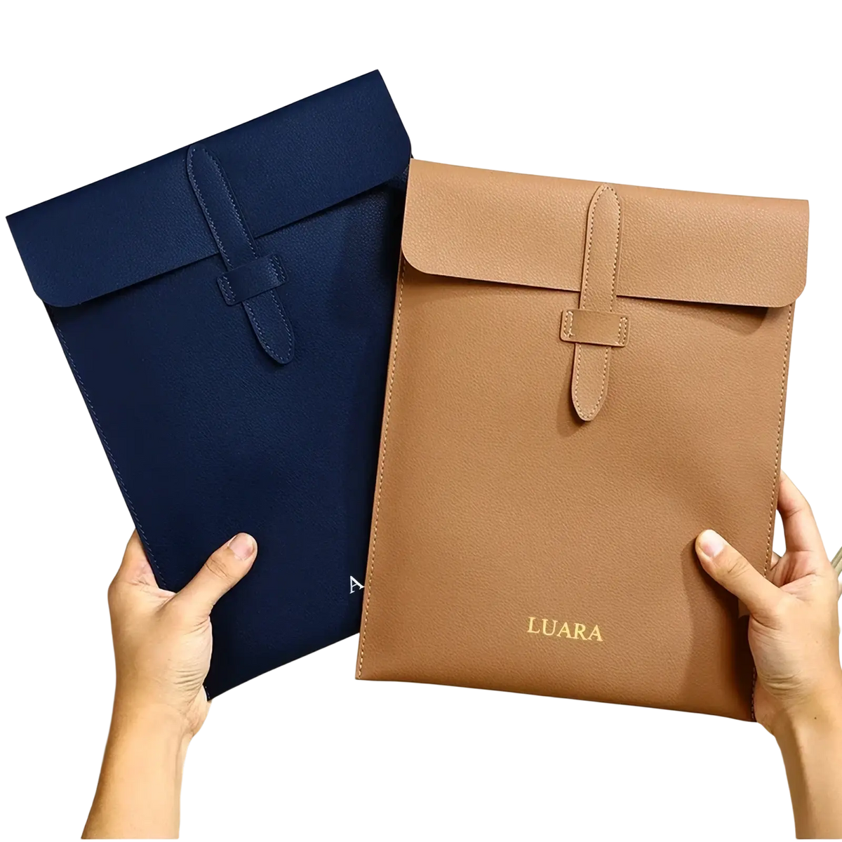 Personalized tan leather laptop document bag with gold foil branding and flap closure for stylish device protection