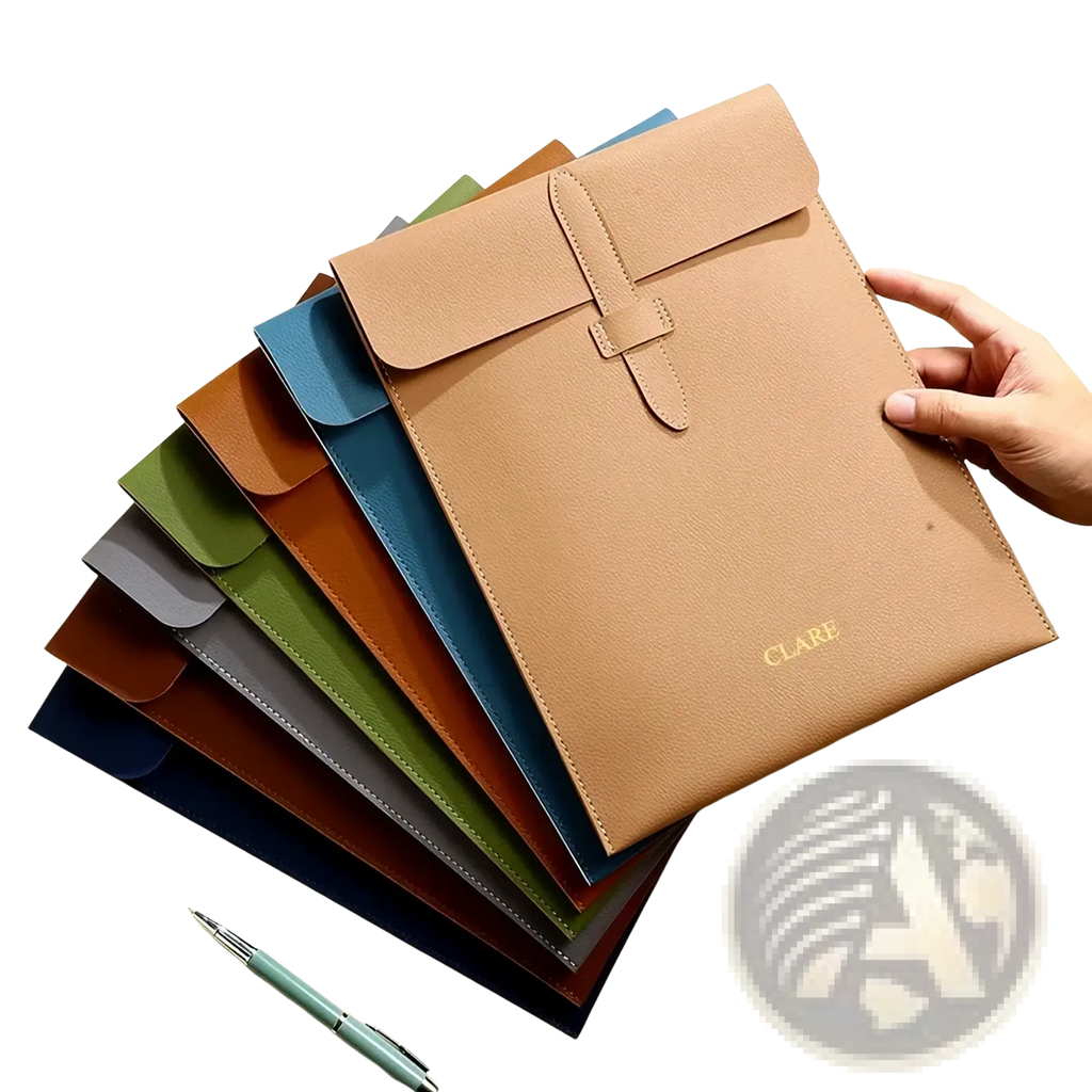 Personalized tan leather laptop document bag with flap closure and gold embossed clare branding