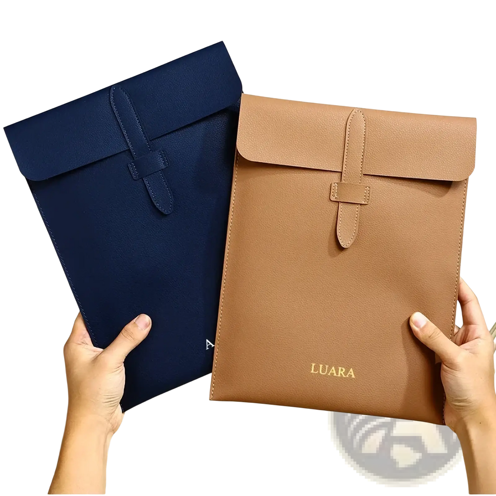 Personalized tan leather laptop document bag with gold foil branding and flap closure for stylish device protection