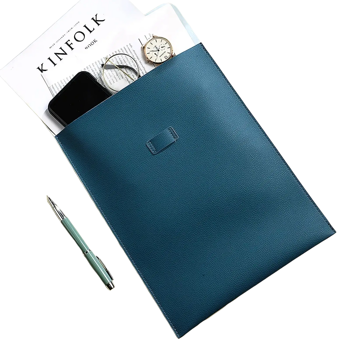 Personalized leather laptop document bag in teal with a subtle textured finish and rectangular flap detail