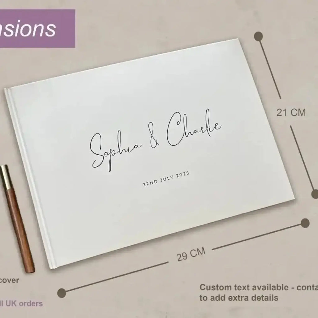 Personalized linen wedding guest book polaroid album with minimalist white cover and elegant black cursive date print