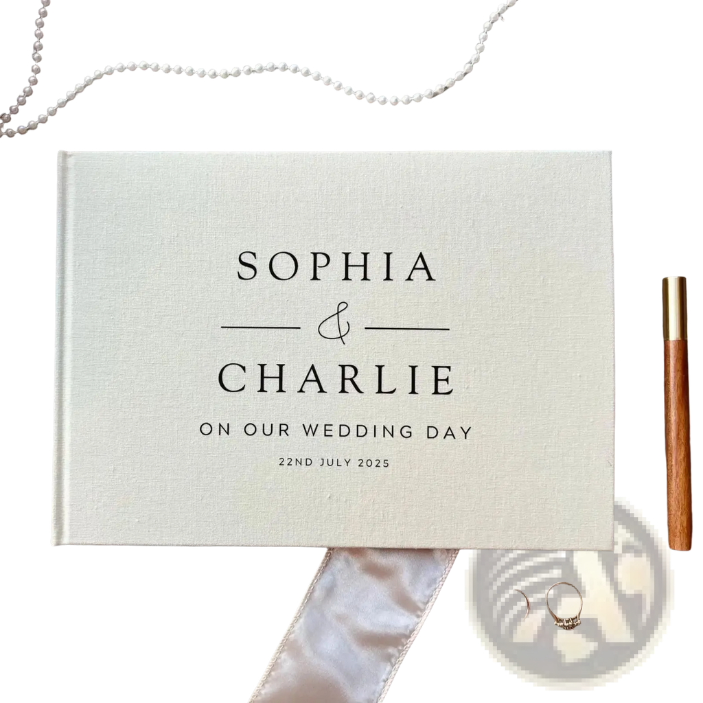 Personalized cream-colored linen wedding guest book polaroid album with black engraved text for sophia and charlie 2025