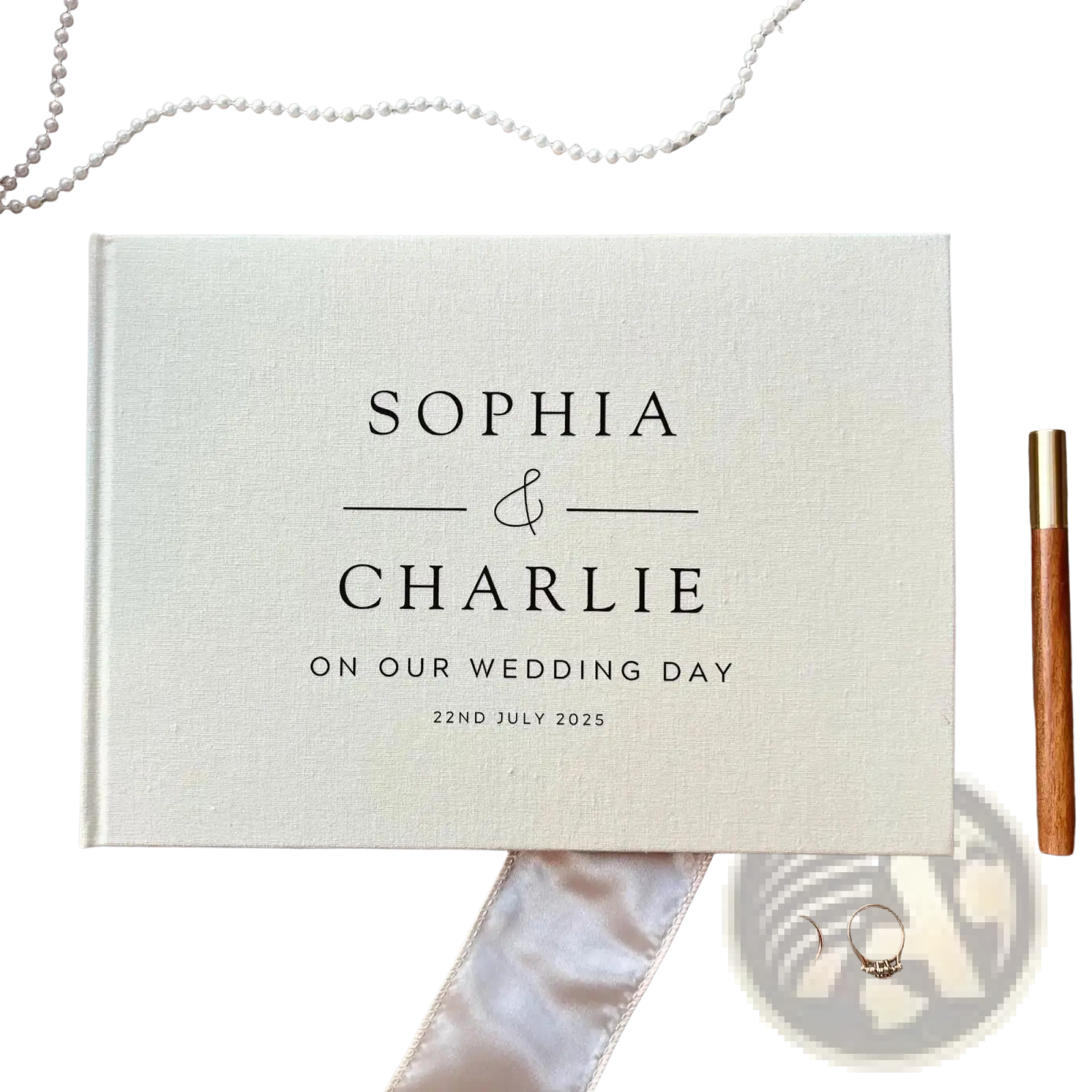 Personalized cream-colored linen wedding guest book polaroid album with black engraved text for sophia and charlie 2025