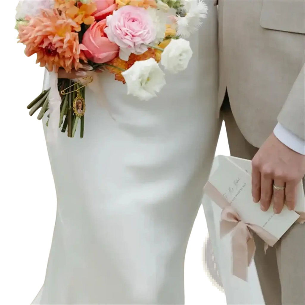 A delicate gold-toned pin with an ornate oval frame and small portrait adorns the personalized minimalist wedding letter books set bouquet stem