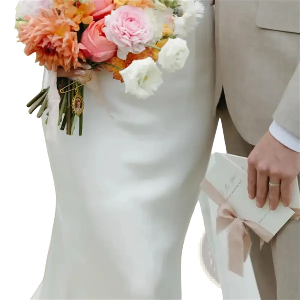 A delicate gold-toned pin with an ornate oval frame and small portrait adorns the personalized minimalist wedding letter books set bouquet stem