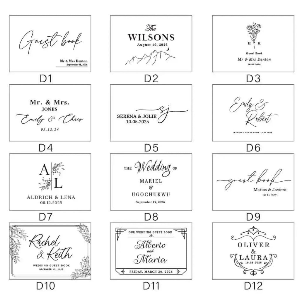 A collection of twelve elegant black and white personalized wedding guest book covers with decorative motifs and dates