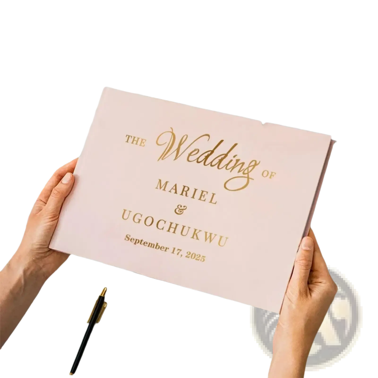 A soft pink personalized wedding guest book with elegant gold foil lettering and matching pen for special occasions