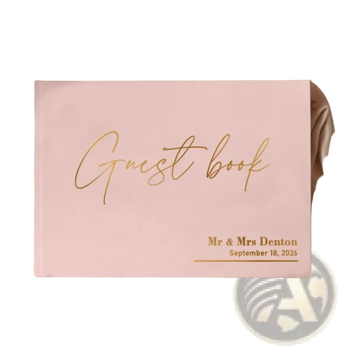 Personalized pink wedding guest book with pen featuring soft hardcover finish and elegant gold cursive lettering with date