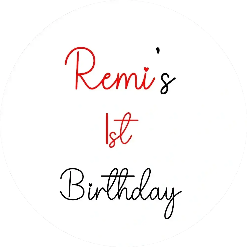 Personalized round baby shower welcome sign kt board with a white circular label in red and black cursive script
