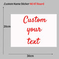 Personalized round baby shower welcome sign kt board with a white rectangular custom name sticker in red cursive text