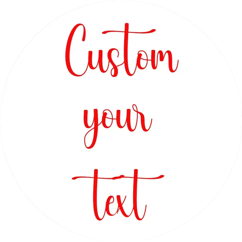Personalized round baby shower welcome kt board with red cursive custom text on a white circular label