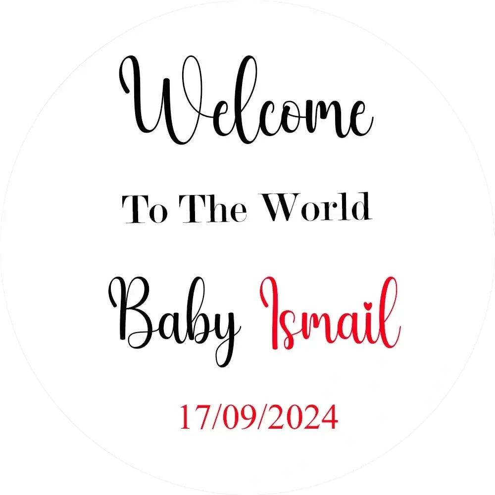 Personalized white round baby shower welcome sign kt board with black and red cursive text for baby ismail 17 09 2024