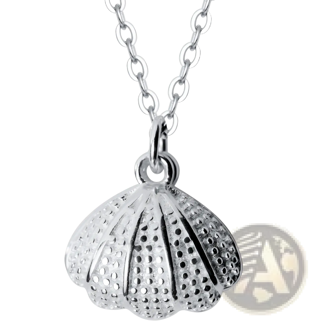 Personalized s925 silver shell and pearl pendant necklace with textured perforated silver seashell on matching chain