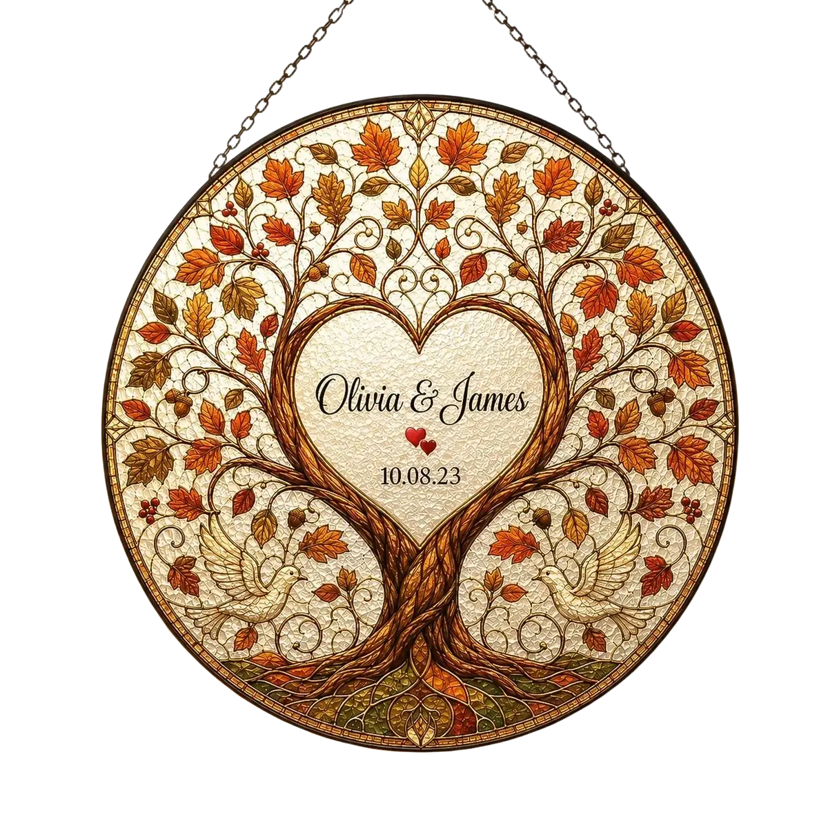 Personalized tree of life stained glass wedding gift featuring a heart-shaped autumn tree with birds and names olivia and james