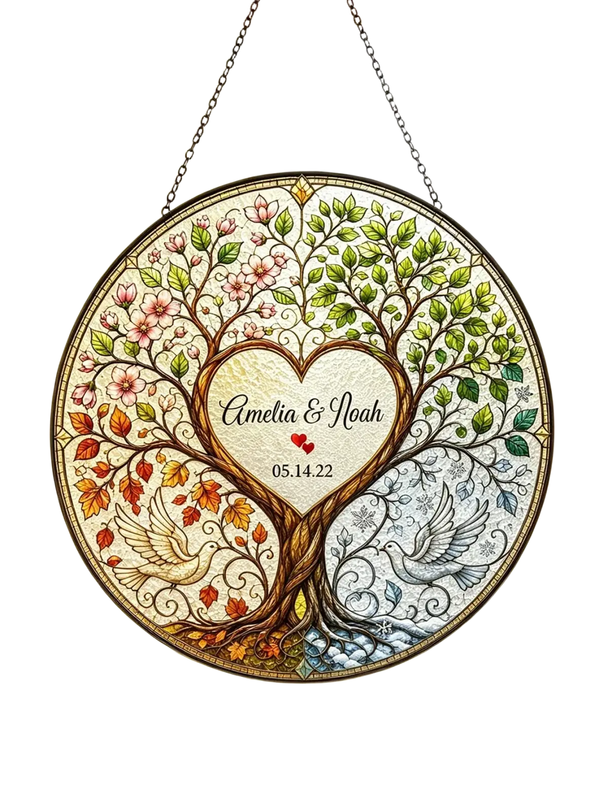 Personalized tree of life stained glass wedding gift with circular design featuring four seasons tree doves and custom names
